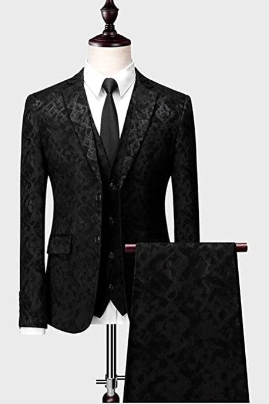 Black Jacquard 3 Piece Notched Lapel Prom Suit for Men