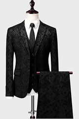 Black Jacquard 3 Piece Notched Lapel Prom Suit for Men