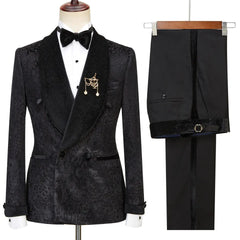 Black Jacquard Double Breasted Wedding Suit with Velvet Shawl Lapel