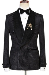 Black Jacquard Double Breasted Wedding Suit with Velvet Shawl Lapel