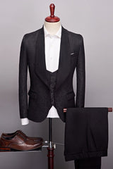 Black Jacquard One Button Three Piece Wedding Suit for Men