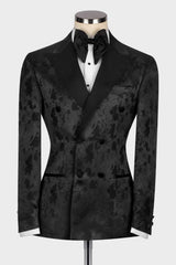 Black Jacquard Peaked Lapel Double Breasted Wedding Men's Suit