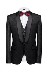 Black Jacquard Shawl Lapel Three Piece Wedding Suit for Men
