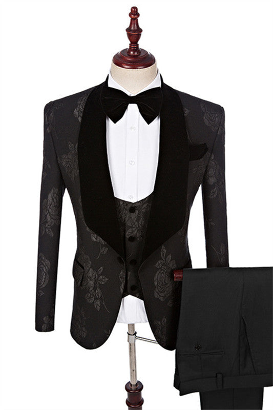 Black Jacquard Three Piece Shawl Lapel Wedding Suit