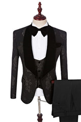 Black Jacquard Three Piece Shawl Lapel Wedding Suit