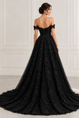 Black Lace A Line Wedding Dress with Plunging Sweetheart and Off Shoulder Straps