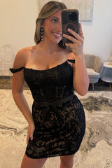 Black Lace Off The Shoulder Homecoming Dresses Short Corset Cocktail Dresses With Bow