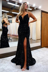Black Lace-Up Back Sequined Mermaid Prom Dress with Slit