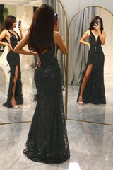 Black Mermaid Long Feathered Prom Dress With Slit