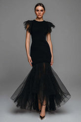 Dressystars Black Mermaid Polka Dots Long Tulle Prom Dress With Ruffles