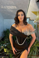 Black Mermaid Prom Dress Cap Sleeve Off the Shoulder Formal Dress With Beadings and Rhinestones