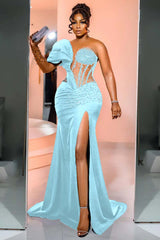 Black Mermaid Prom Dress Cap Sleeve One Shoulder Formal Dress With Beadings and Rhinestones