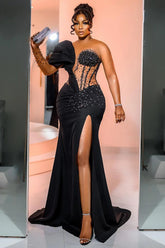 Black Mermaid Prom Dress Cap Sleeve One Shoulder Formal Dress With Beadings and Rhinestones