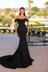 Black Mermaid Prom Dress Cap Sleeve Spaghetti Straps Formal Dress With Beadings and Rhinestones