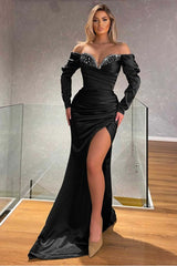 Black Mermaid Prom Dress Long Sleeve Off the Shoulder Formal Dress With Beadings and Rhinestones