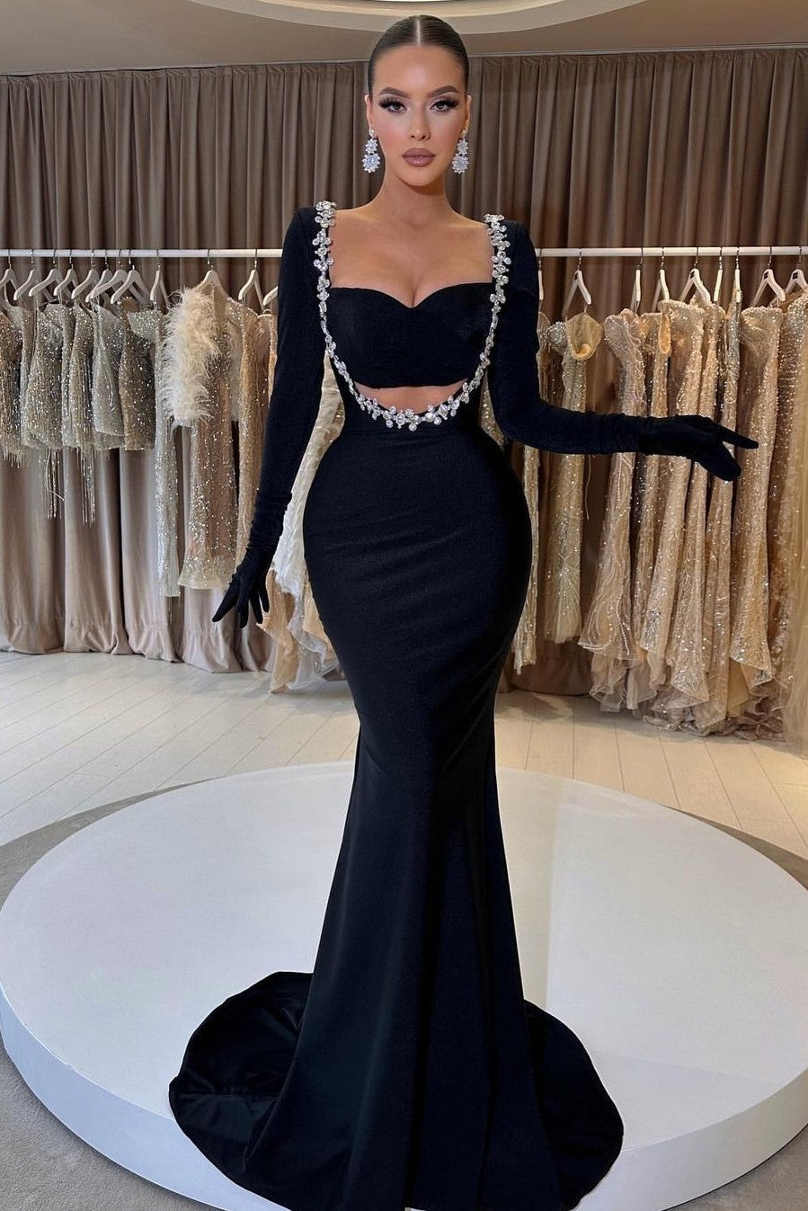 Black Mermaid Prom Dress Long Sleeve Sweetheart Formal Dress With Beadings and Rhinestones
