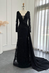Black Mermaid Prom Dress Long Sleeve V Neck Formal Dress With Lace Appliques