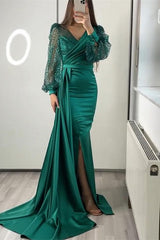 Black Mermaid Prom Dress Long Sleeve V Neck Satin Formal Dress With Sequins