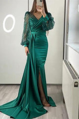 Black Mermaid Prom Dress Long Sleeve V Neck Satin Formal Dress With Sequins