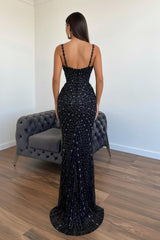 Black Mermaid Prom Dress Sleeveless Spaghetti Straps Formal Dress With Beadings