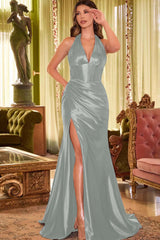 Black Mermaid Prom Dress Sleeveless Halter Neck Satin Formal Dress