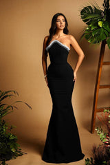 Black Mermaid Prom Dress Sleeveless Strapless Formal Dress With Beadings and Rhinestones