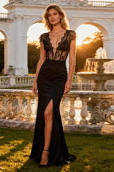 Dressystars Black Mermaid V-Neck Long Corset Prom Dress With Lace