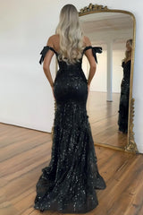 Black Off-Shoulder Sequin Mermaid Prom Dress With Bow Sleeves And Train Formal Evening Gown