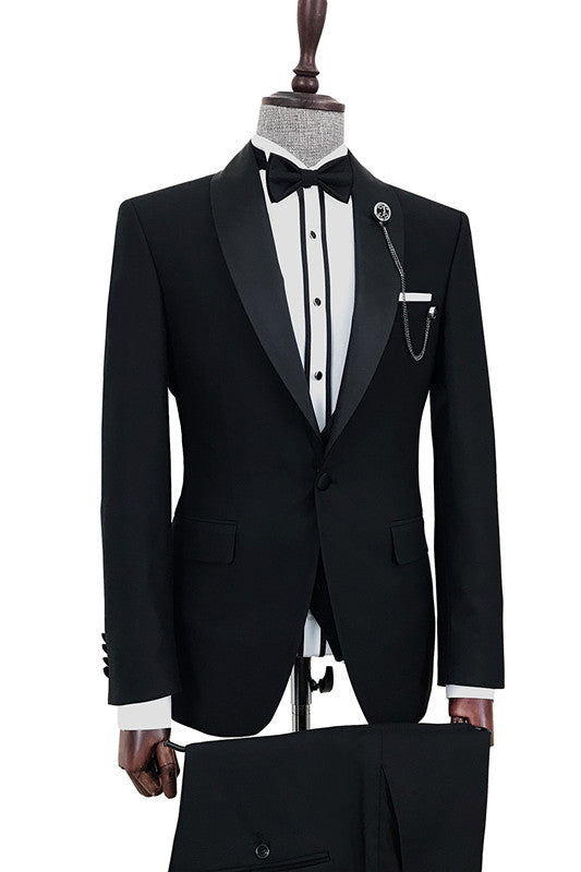 Black One Button Shawl Lapel Wedding Suit
