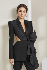 Black Peak Lapel Blazer With Cut-Out Design For Women