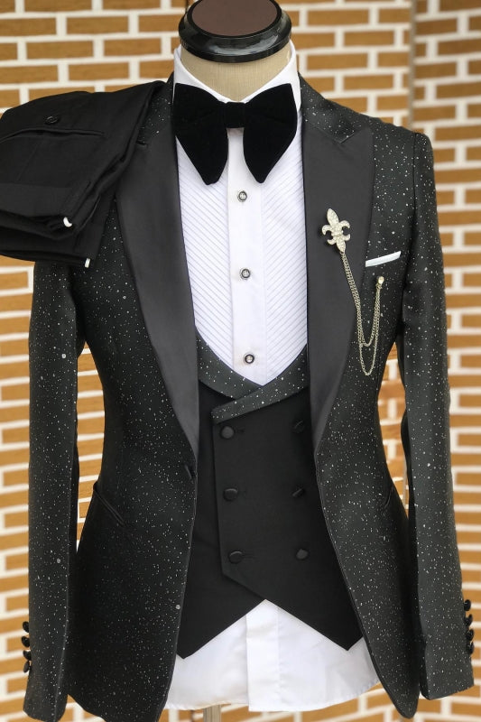 Black Peaked Lapel 3 Piece Sequins Close Fitting Prom Suit