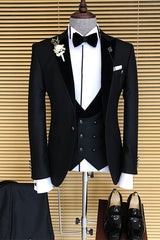 Black Peaked Lapel 3 Piece Slim Fit Business Suit
