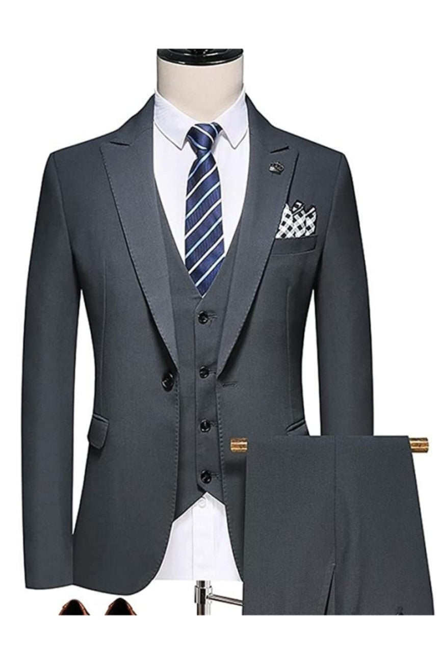 Black Peaked Lapel One Button 3 Piece Men's Business Suit