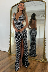 Black Pearls Mermaid V-Neck Backless Slit Prom Evening Gown Formal Evening Gown