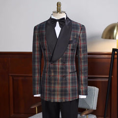 Black Plaid Double Breasted Shawl Lapel Prom Suit