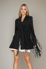 Black Prom Blazer For Women With Fringed Peak Lapel