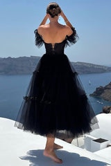 Black Prom Dress A-Line Corset Ruffled Tulle Homecoming Dress