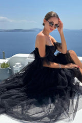 Black Prom Dress A-Line Corset Ruffled Tulle Homecoming Dress