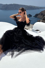 Black Prom Dress A-Line Corset Ruffled Tulle Homecoming Dress