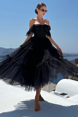 Black Prom Dress A-Line Corset Ruffled Tulle Homecoming Dress
