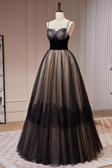 Black Prom Dress A Line Lace Tulle Long Formal Evening Dress