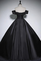 Black Prom Dress A Line Off the Shoulder Satin Long Formal Evening Dress