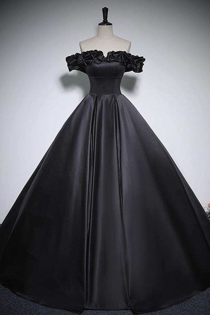 Black Prom Dress A Line Off the Shoulder Satin Long Formal Evening Dress