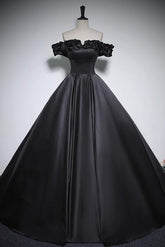 Black Prom Dress A Line Off the Shoulder Satin Long Formal Evening Dress