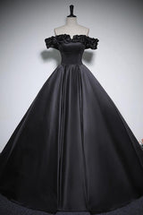 Black Prom Dress A Line Off the Shoulder Satin Long Formal Evening Dress