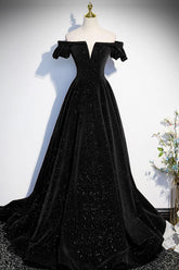 Black Prom Dress A Line Off the Shoulder Velvet Long Formal Gown Evening Dress