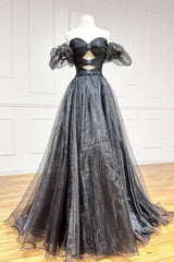 Black Prom Dress A Line Organza Long Formal Evening Dress
