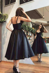 Black Prom Dress A Line Sweetheart Satin Tea Length Party Dress