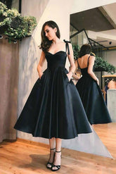 Black Prom Dress A Line Sweetheart Satin Tea Length Party Dress