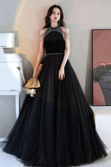 Black Prom Dress A Line Tulle Beaded Long Evening Dress